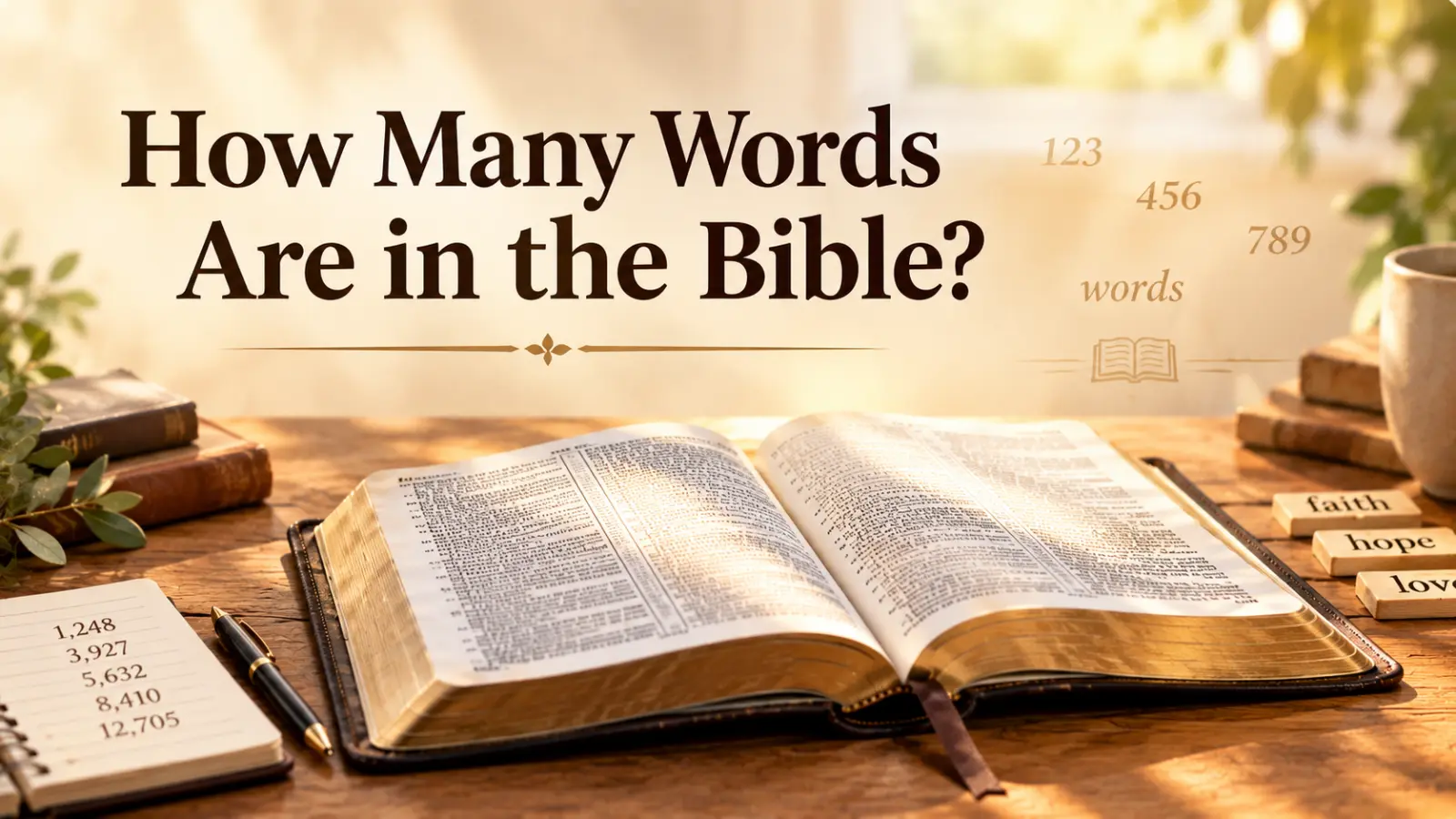 How Many Words Are in the Bible? Open Bible with words and numbers representing its word count.